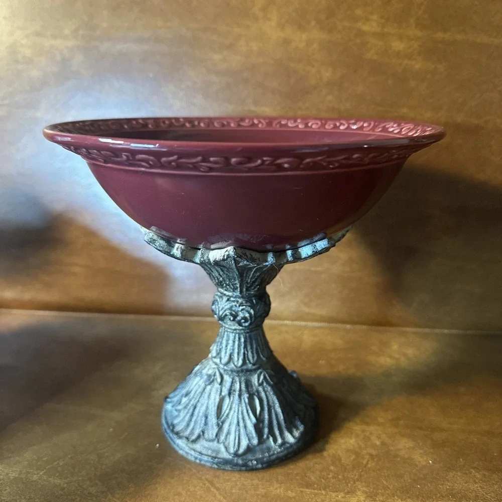 Drake Design Pedestal Bowl Compote Tuscan Scroll Fleur De Lis Oxblood Red